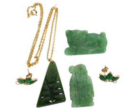 3 carved jade pendants, and a pair of unmarked gold jade earrings 