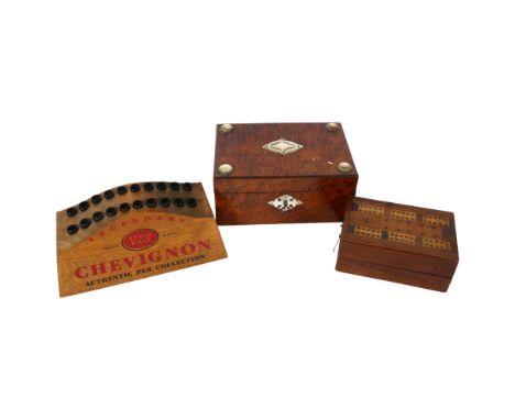 A box with mother-of-pearl decoration, 17.5cm across, a cribbage box, and a Chevignon advertising pen stand 