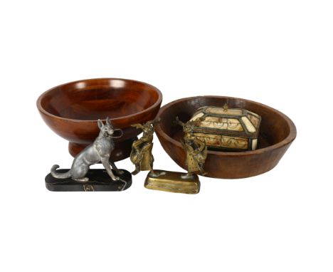 A group of Oriental items, including 2 turned wood bowls, Thai bronze figurines, and a jewellery box etc (5) 