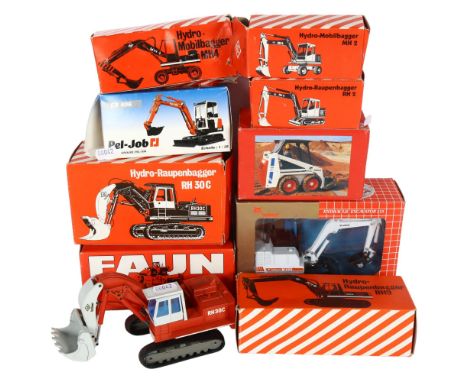A quantity of German diecast construction vehicles, manufactured by O & K Orenstein & Kobbel, and Bobcat, all vehicles are bo