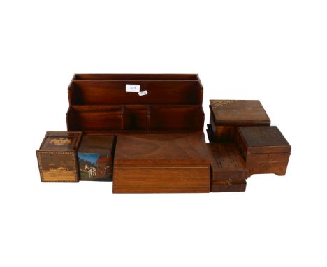 A Vintage mahogany desk organiser, a Vintage trinket/storage box with hand painted decoration of a farmyard scene, a Vintage 