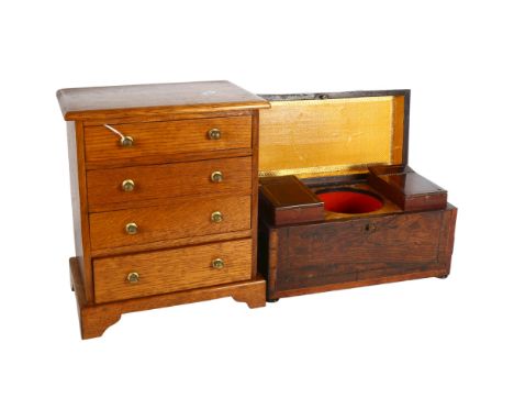 A Regency rosewood tea caddy, and a 4-drawer table-top cabinet, largest height 31cm 