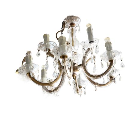 A 6-branch 2-tier brass and glass lustre chandelier, drop 44cm 