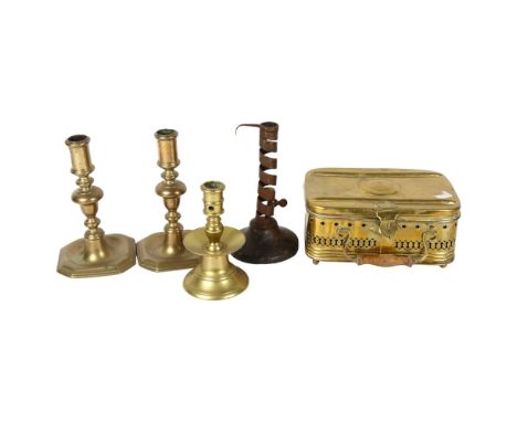 A pair of bronze candlesticks, 18cm, 2 others, and a French brass box with pierced decoration on feet 