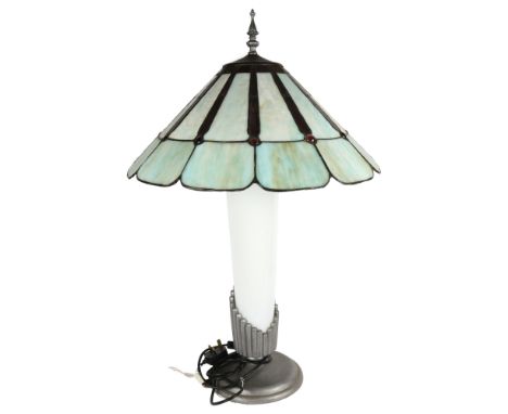 An Art Deco  style table lamp with coloured lead blue glass, height 79cm 