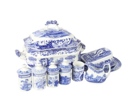 Spode Italian pattern soup tureen, matching cheese dish and jug, Spode spice jars etc 