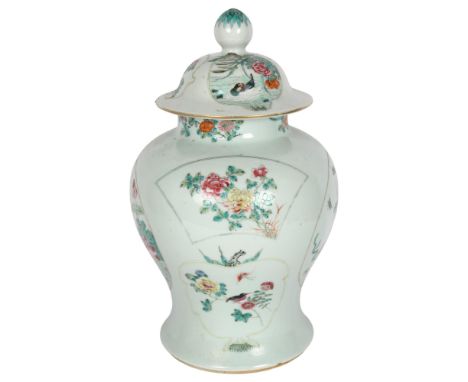 A large Chinese famille verte baluster jar and cover, with painted and enamelled decoration, height 37cmVase is in nice overa