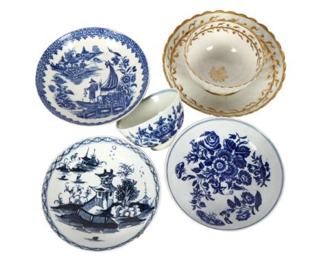 ROYAL WORCESTER - an 18th century blue and white tea bowl and saucer, the saucer having a crescent back stamp, 2 other 18th c