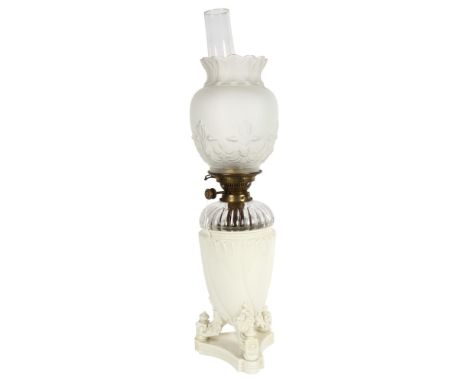 A Royal Worcester ivory porcelain oil lamp, model no. 1576, with Hinks's duplex no. 2 burner, with clear fluted glass font, f