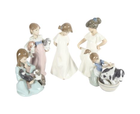 3 Lladro children with animals group, including a girl with 2 puppies, height 19cm, and 2 NAO girls 