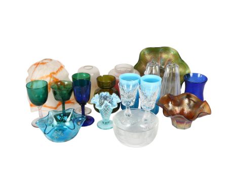 A group of glassware, including a pair of Waterford Crystal glasses, a pair of Orrefors vases, some Bristol green, some Brist