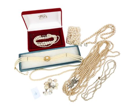 A collection of various pearl necklaces, including a Japanese Kimura, a triple-strand necklace with clasp stamped 365 etc 
