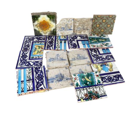 A quantity of Antique and modern ceramic tiles with various designs, including some Delft, largest 15cm 