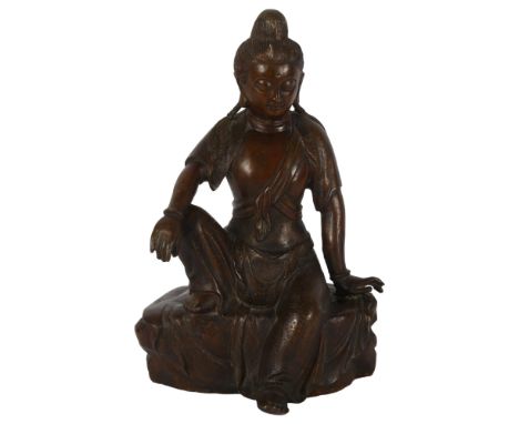 A Chinese patinated bronze seated Buddha, with inlaid wirework clothing, height 30cmGood condition, no damage or repairs, 2 s