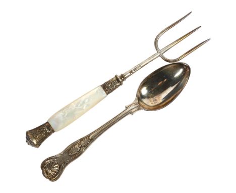 A silver King's pattern design teaspoon, and a silver and mother-of-pearl handled bread fork, length 18cm 