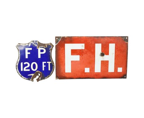 2 Vintage enamel signs, to include a shield-shape blue enamel sign, FP 120 Feet, width 20cm, and a red enamel sign with F.H.,
