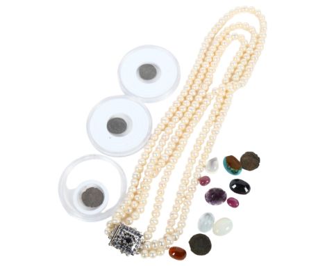 A modern triple-strand freshwater pearl necklace, various gemstones including turquoise, coins etc 