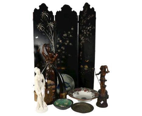 Various figures including "Morning", 31cm, a pair of horns, Oriental inlaid with mother-of-pearl, Studio vase, Oriental bowls