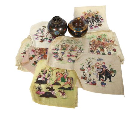 A group of Indian hand painted watercolour silk panels, depicting hunting scenes, and a small cloisonne pot pourri jar and co