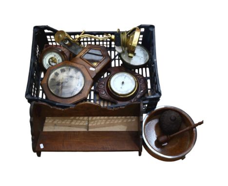 Desk lamp, book trough, treen items, clock etc 