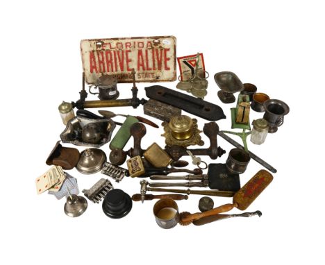 Newcastle Brown Ale metal sign, California plate, and a box of various items including a letter plate, antimony box, scale, d