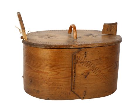 A Vintage Swedish Tine bentwood Folk Art box with pokerwork decoration, length 44cm, box height 22cm 