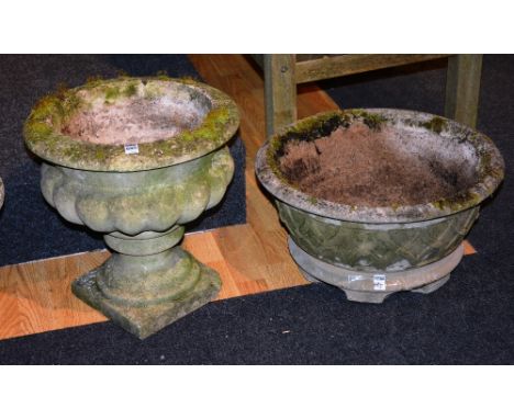 Two garden planters, one of campagna style and raised on square plinth base, 40cm high x 30cm diameter, also with circular sh