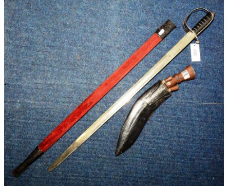 A Kukri knife, with leather sheaf, blade 31cm long, together with a sword with metal hilt and velour covered scabbard, blade 