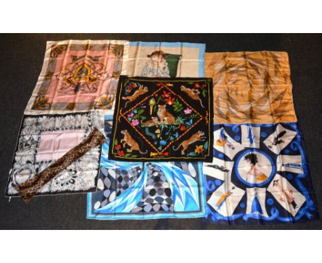 A collection of six silk scarves, including makes by Chase, Jean Patou, Jaeger, Fortnum & Mason, Jacqmar and Lanvin, together