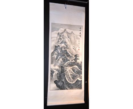 A Chinese scroll picture of the Great Wall of China, ink on paper with inscription and red seal, 180cm long x 67cm wide