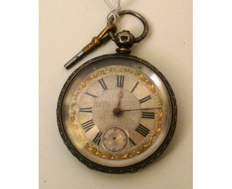 A silver cased pocket watch, hallmarks for Birmingham 1885, maker NJ, the silvered dial with engine turned decoration, Roman 