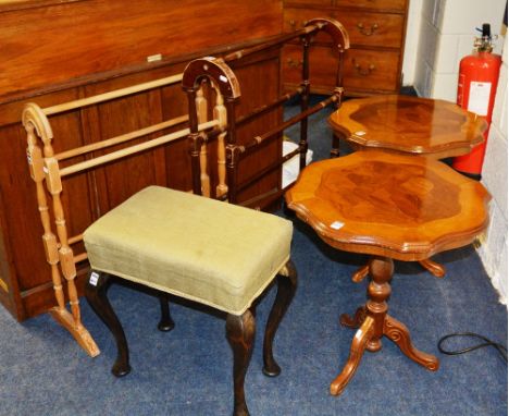 A pair of shaped lamp tables, together with two towel rails and a dressing stool (5)