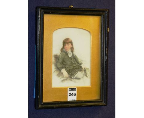 A 19th century painted tile, depicting a young child in green dress with ruff, framed, 13 x 10cm