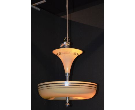 A 1950's opaque glass ceiling light, with trumpet shaped top above a circular bowl, 90cm high CONDITION REPORT: Lot 297 - sma