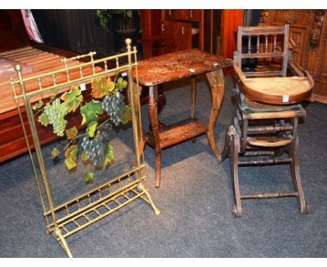 A vintage child's feeding chair, early 20th century, 92cm high, together with a carved two tier occasional table, 70cm high x