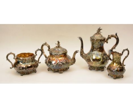 A Victorian silver tea service, Sheffield 1877, Martin Hall & Co Ltd, comprising of teapot, cream jug and sugar bowl, each wi