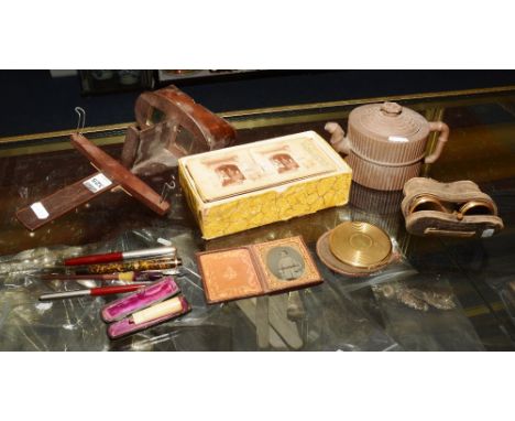 A vintage stereoscope viewer, with assorted viewing cards, together with a daguerreotype, field glasses in case, Chinese brow