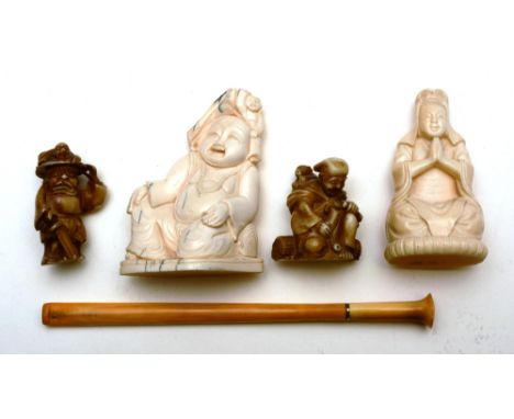 An Oriental ivory figure of a Buddha, in kneeling position, 90cm high, together with an ivory figure of a woman in prayer pos