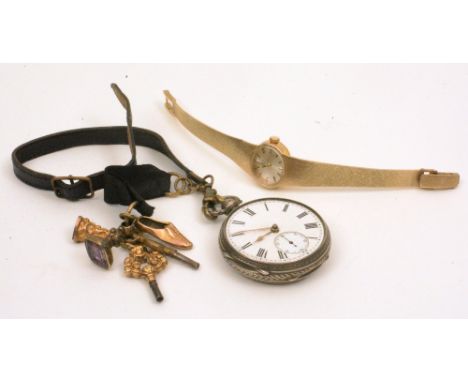 A 9ct gold ladies Rotary watch, in box, the silvered face with baton numerals, together with a London silver fob watch, dated