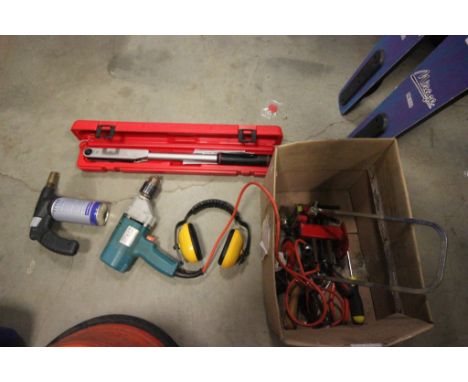 Quantity of tools to include ear protectors, drills, screwdrivers and a Britool boxed torque wrench