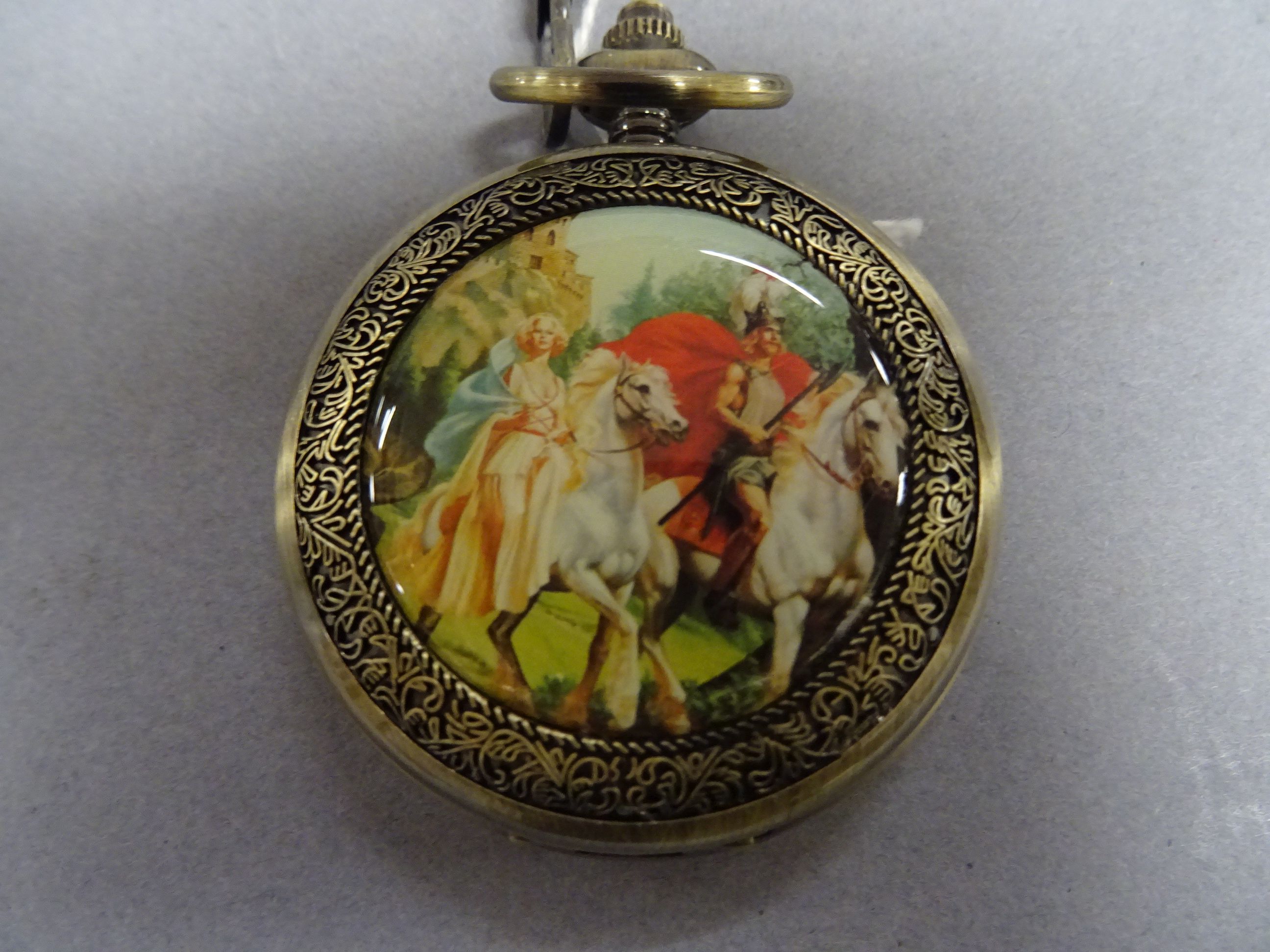 Pocket watch with medieval scene to front