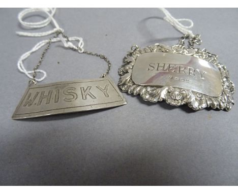 Sterling Silver Whiskey Decanter Label plus a Silver Hallmarked Sherry Decanter Label