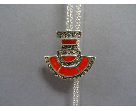 Silver marcasite and enamel Art Deco style pendant necklace 