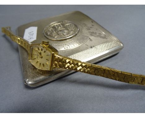 Hallmarked silver cigarette case with motoring interest plus a Ladies Rotary cocktail watch