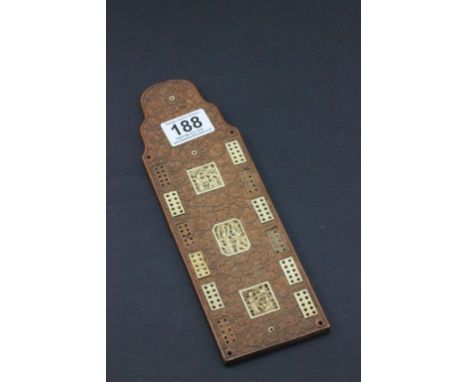 19th Century Chinese carved wooden cribbage board with inlaid ivory detail