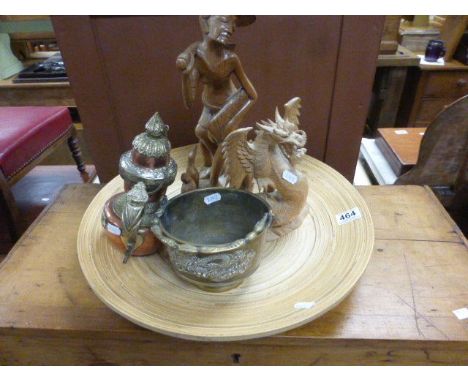 Large treen bowl, two Oriental carved figures of a dragon and a man, an Oriental teapot and an Oriental pot with handle