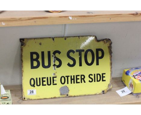 Vintage Enamel Sign ' Bus Stop Queue Other Side '