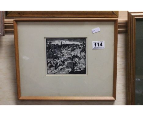 Hunting Scene Wood Engraving with label to verso ' Meet of the Beaufort Hunt at Tetbury on Boxing Day '