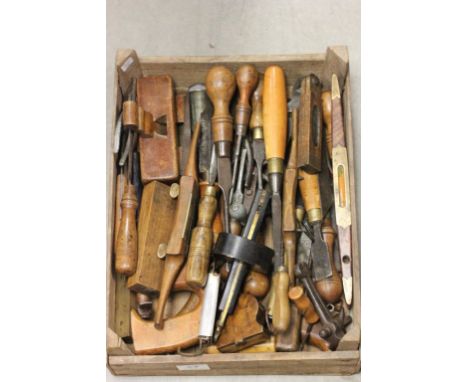 A box of vintage work tools to include Victorian examples