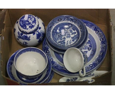 Box containing various blue & white china plus Pair of vintage hand painted twin handled Carltonware bowls, Chinese bowl and 